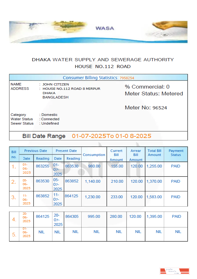 Bangladesh Dhaka Water Supply and Sewerage Authority utility bill template in Word and PDF formats